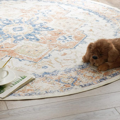 jinchan Kelda Round Rug 5ft Washable Area Rug Indoor Vintage Floor Cover Distressed Circle Mat 5' Round Lightweight Non Slip Low Pile Thin Carpet for Entryway Kitchen Living Room Bedroom Orange