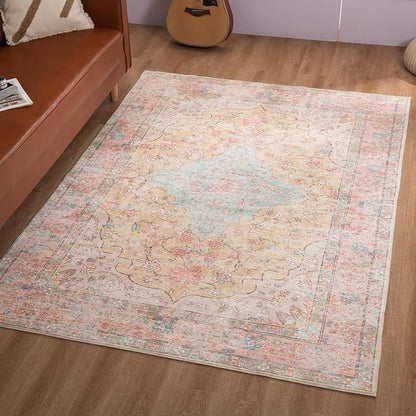 Area Rug – 6x9 Washable Ultra-Soft Vintage Boho Faux Wool Carpet for Living Room, Dining Room, Bedroom, Home Office (Cinnamon)