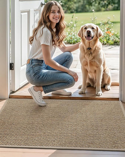 DEXI Ultra Thin Entryway Indoor Door Mat 24x36, Non Slip Rubber Backing Inside Entry Mat, Low Profile Easy Clean Dirt Trapper Doormat for Inside Entrance Patio, Beige