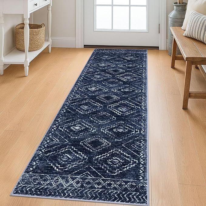 KILOCOCO Boho Kitchen Runner Rug 2x6 Washable Runner Rug, Soft Runners for Hallways Non Slip Printed Distressed Laundry Room Rugs, Low-Pile Rugs for Entryway/Bedroom/Living Room, Dark Blue