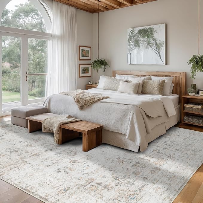 Washable 9×12 Area Rug for Living Room, Vintage Floral Rug Soft Non Slip Stain Resistant Boho Carpet for Indoor Bedroom Dinning Room Home Office Beige