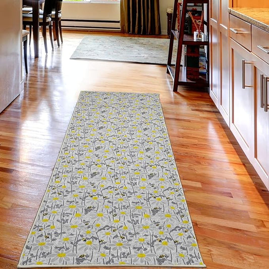 Ambesonne Yellow Decorative Area Rug, Pattern with Bees and Chamomile Daisy Flowers in Flourishing Meadow Nature, Quality Carpet for Bedroom Dorm Living Room, 2' 5" x 7' 5", Grey Yellow White