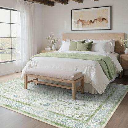 5x7 Area Rugs for Living Room, Machine Washable Rug, Non Slip Vintage Rugs, Low Pile Lightweight Print Rug for Bedroom, Dining Room, Home Office, Cream Green
