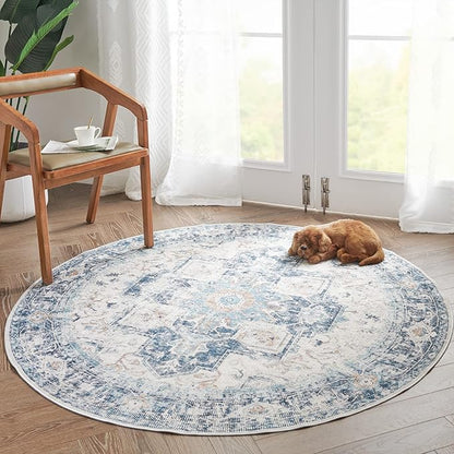 jinchan Kelda Round Rug 5ft Washable Area Rug Indoor Vintage Floor Cover Distressed Circle Mat 5' Round Lightweight Non Slip Low Pile Thin Carpet for Entryway Kitchen Living Room Bedroom Blue
