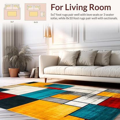 Flatwoven High Traffic Area Rug 4x6, Eclectic Mosaic Patchwork with Distressed Abstract Shapes and Lines, Non Slip, Stain Resistant, Washable Area Rugs for Living Room, Bedroom (Red, 4x6)