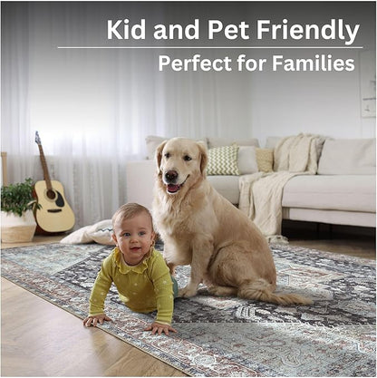 Bloom Rugs Washable Non-Slip 12 ft Runner - Charcoal/Brown Traditional Medallion Runner for Entryway, Hallway, Bathroom, and Kitchen - Exact Size: 2.5' x 12'