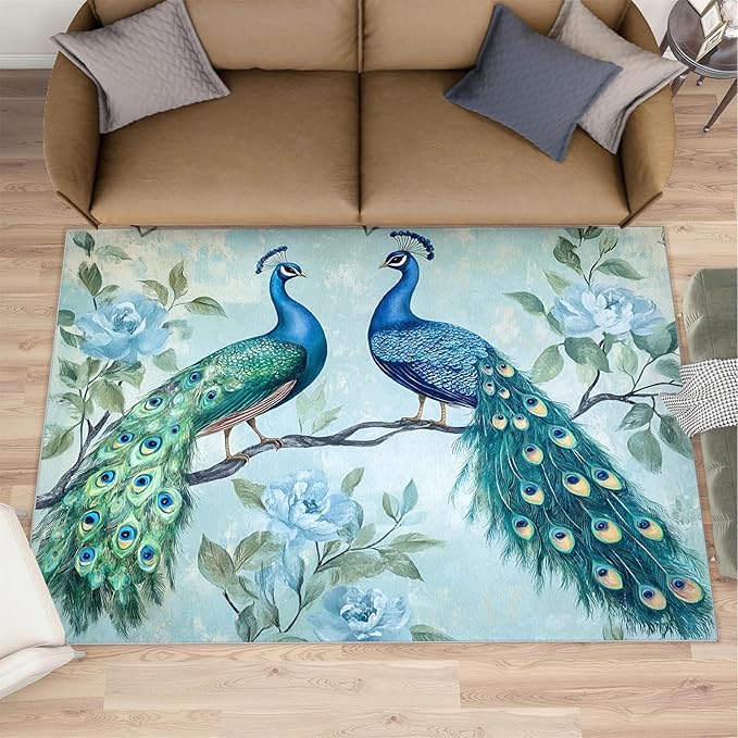 Peacock Rugs for Living Room - 6x9 Rug, Classic Peacock Floral Area Rugs for Bedroom, Teal Turquoise Rug, Modern Style Washable Carpet, Aesthetics Carpet - Peafowl Home Decor & Gifts
