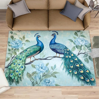 Peacock Rugs for Living Room - 5x8 Rug, Classic Peacock Floral Area Rugs for Bedroom, Teal Turquoise Rug, Modern Style Washable Carpet, Aesthetics Carpet - Peafowl Home Decor & Gifts