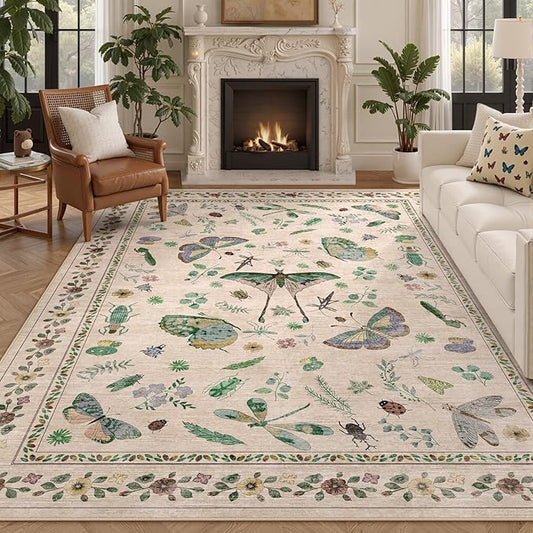 7x9 Low Pile Machine Washable Bug Rug - Indoor Non-Slip Insect Print Rug for Entryway, Living Room, Bedroom, Kitchen, Front Door, Laundry (7'x9' Beige Green)