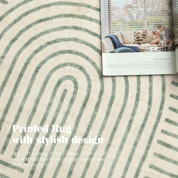 Washable Area Rug 8x10 - Large Sage Green Boho Rugs for Living Room Soft Abstract Bedroom Rug Ultra-Thin Modern Rainbow Carpet Rug for Dining Room Nursery Room Home Decor
