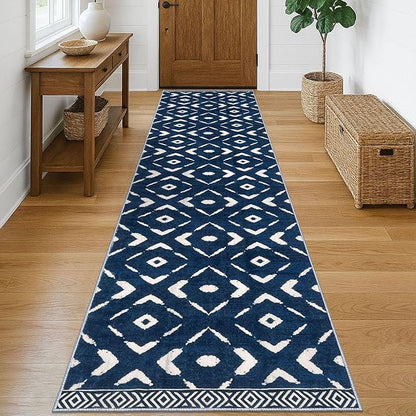 KILOCOCO Hallway Runner Rug 3x10 Runners for Hallways Washable Runner Soft Non Slip Printed Geometric Rubber Backed Low-Pile Rug Runners for Bedroom Kitchen Living Room Boho Rugs, Blue