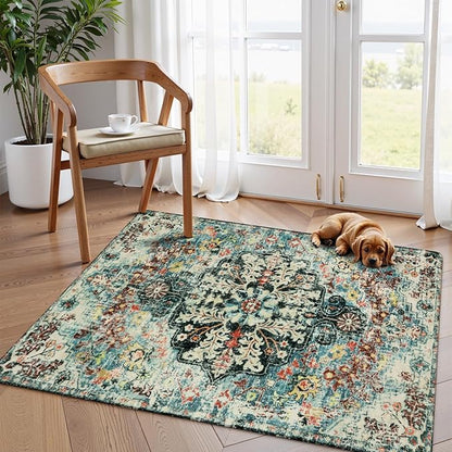 Lahome Bohemian Floral Medallion Area Rug - 4x6 Teal Soft Bedroom Rug Washable Entryway Mat, Non Slip Pet Friendly Indoor Floor Accent Carpet for Bathroom Mudroom Basement Studio