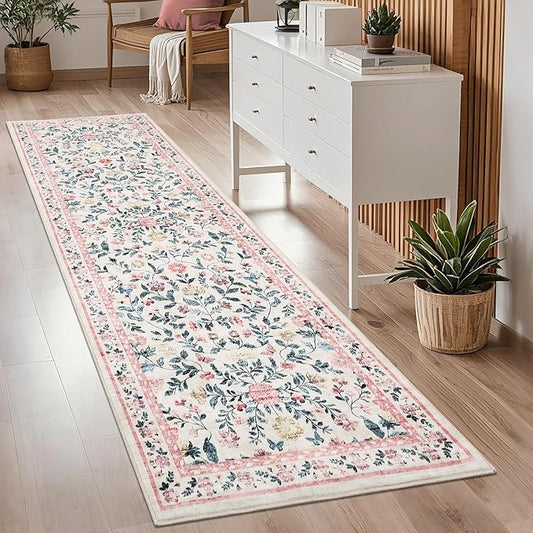 GarveeHome Washable Runner Rug 2.5 x 8 Non-Slip Non-Shedding Soft Vintage Bedside Low Pile Farmhouse Floral Carpet, Indoor Foldable Printed Entryway Rug for Hallway Kitchen, Pink
