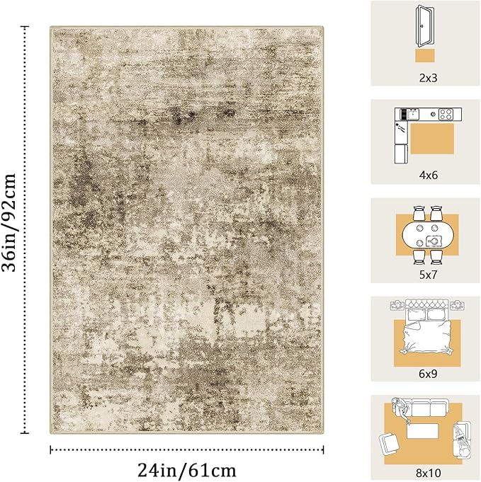 2x3 Machine Washable Area Rug for Entryway, Brown Modern Vintage Abstract Rug Non-Slip Low Pile Soft Faux Wool Small Carpet, Kids and Pets Friendly for Bedroom Kitchen Hallway Home Decor Rug