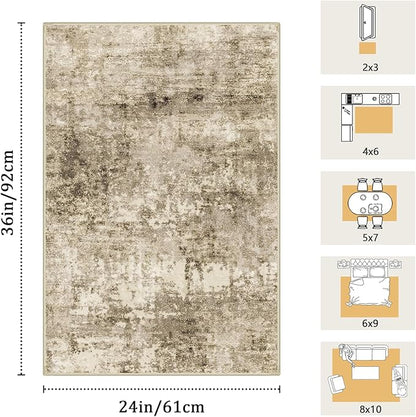 2x3 Machine Washable Area Rug for Entryway, Brown Modern Vintage Abstract Rug Non-Slip Low Pile Soft Faux Wool Small Carpet, Kids and Pets Friendly for Bedroom Kitchen Hallway Home Decor Rug