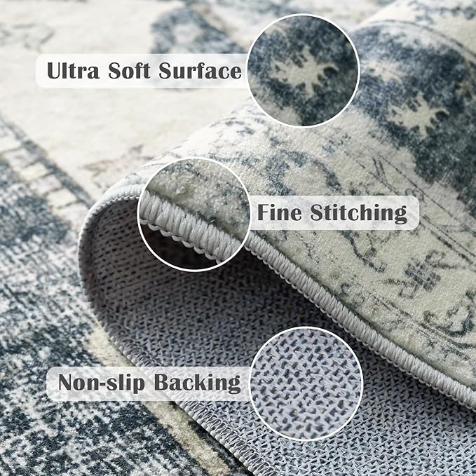 jinchan Kelda Runner Rug 3x7 Washable Rug Soft Hallway Runner Indoor Vintage Print Floor Cover Retro Distressed Lightweight Non-Slip Thin Carpet for Bathroom Kitchen Living Room Bedroom Grey