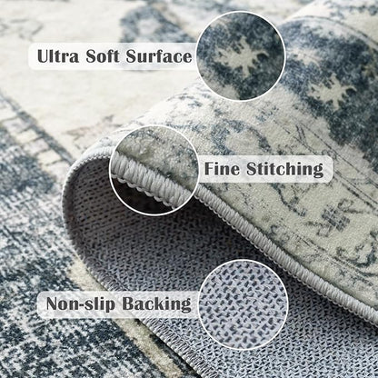 jinchan Kelda Runner Rug 3x10 Washable Rug Soft Hallway Runner Indoor Vintage Print Floor Cover Retro Distressed Lightweight Non-Slip Thin Carpet for Bathroom Kitchen Living Room Bedroom Grey