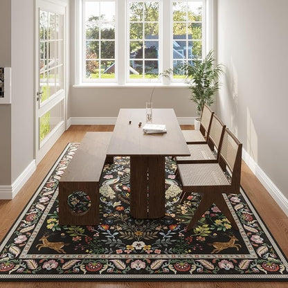 Rugcomf 9x12 Area Rugs for Living Room Washable Rug Floral Non-Slip Large Rug for Living Room, Bedroom, Farmhouse, Dining Room, Kids Playroom (Vibrant Black)
