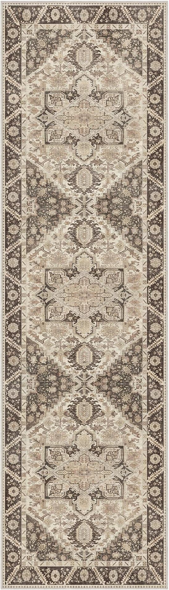2x7 Runner Rug Machine Washable Boho Runners for Hallway,Ultra-Thin Low Pile Rug,Lightweight Indoor Carpet,Non Slip Floral Runners for Enrtyway, Corridor, Home Office, Kitchen,Brown