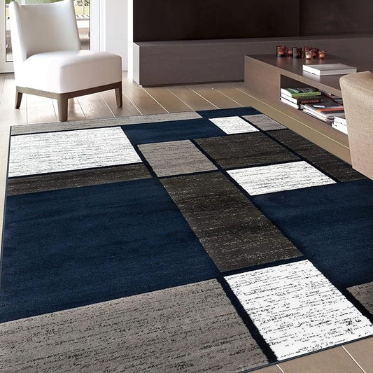Rugshop Modern Geometric Boxes Navy Area Rug, Fade-Resistant Carpet for Bedroom, Living Room, or Study, 6'6" x 9'