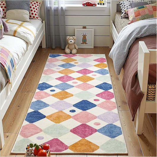 jinchan Macy Runner Rug 2x6 Kids Hallway Washable Rug Indoor Soft Non Slip Modern Diamond Carpet for Nursery Room Bedroom Kitchen Laundry Room Berries on Cream