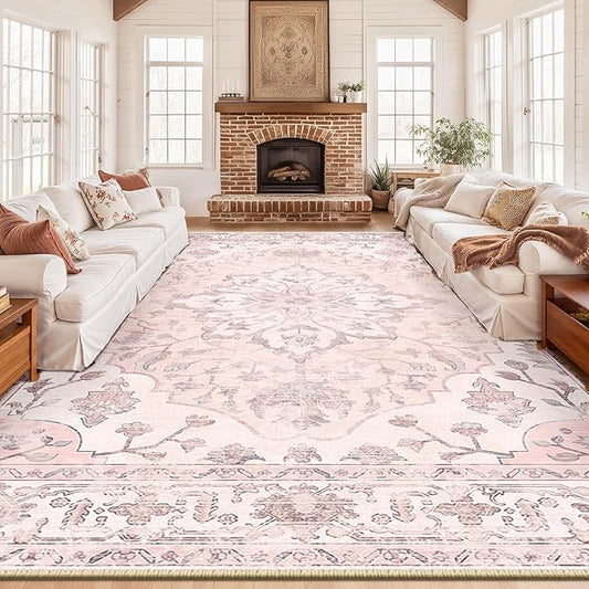 Area Rugs 10'x14' Washable Non-Slip, Floral Vintage Distress Print Pattern Medallion Carpet for Living Room Bedroom Dining Room, Pink Greypink Cute