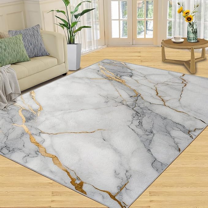 5x7 Abstract Marble Rugs for Bedroom - White-Marble Print Rug, Modern Luxury Rug Non Slip Soft Rugs for Living Room Hardwood Floors Teen Room