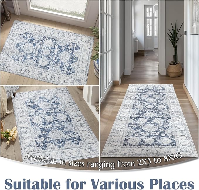 jinchan Fiora Hallway Runner Rug 3x8 Washable Runner - Vintage Floral Non Slip Low-Pile Soft Thin Faux Wool Kitchen Rug Distressed Carpet for Farmhouse Bedroom Laundry Room(3x8ft, Dark Blue)