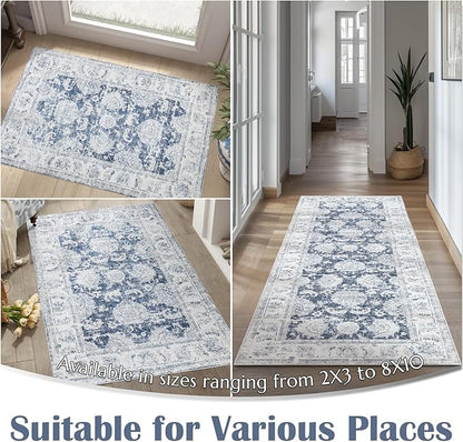 jinchan Fiora Floral 2x3 Rug for Entryway - Vintage Washable Area Rug Ultra-Thin Low Pile Soft Small Non Slip Distressed Indoor Door mat Accent for Entrance Kitchen Bathroom Bedroom (2x3ft, Dark Blue)