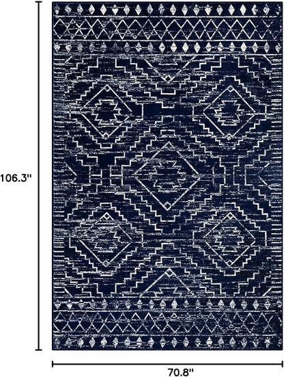 Wonnitar Moroccan Washable 6x9 Rug, Blue Large Living Room Area Rug, Non-Slip Boho Soft Rug for Bedroom, Non-Shedding Ultra-Thin Geometric Carpet for Dining Room Kitchen Basement (Blue,6'x9')