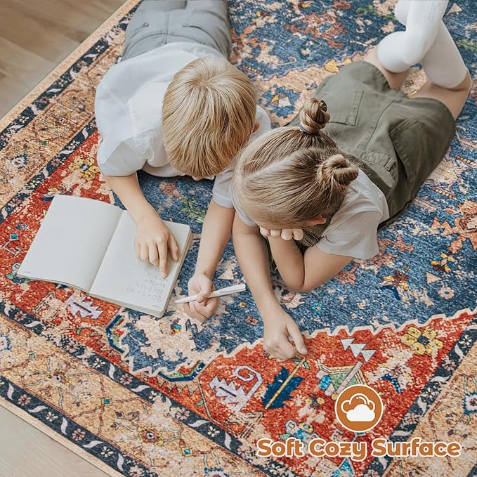 Area Rug 5x7 Washable Rug, Vintage Boho Medallion Rugs Non-Slip Soft Low Pile Large Distressed Rug Indoor Retro Carpet for Living Room Bedroom Dining Room Home Office (Tribal Medallion/Multi, 5'x7')