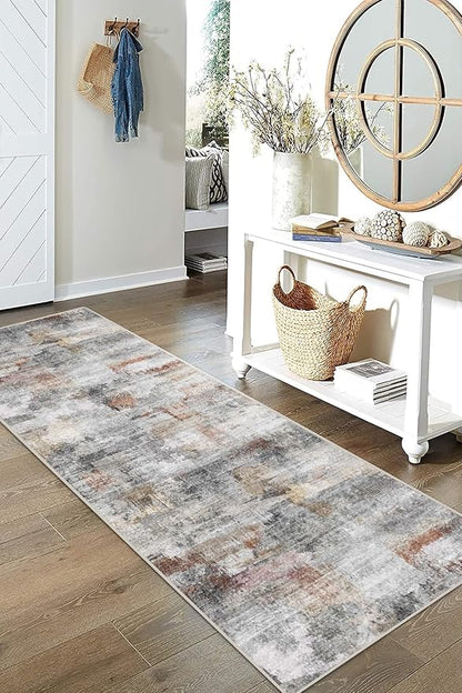 vivorug Runner Rug 2'x7' Machine Washable Non-Slip Runners for Hallways Kitchen Entryway Laundry Room Modern Abstract Carpet Hallway Runner Grey/Rust