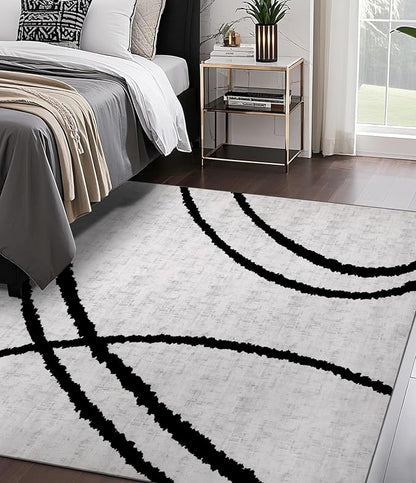 YIHOUSE Modern Area Rugs for Bedroom,5x7 Washable Black and White Rug, Thin Abstract Geometric Minimalist Striped Rug, Black Rugs for Bedroom,Kitchen,Dining Room Office