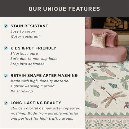 Washable Sage Green Large Entryway Rug, 3x5 Area Rugs for Laundry Room, Kitchen, Bedroom, Dorm, Insect Print Vintage Floral Non-Slip Throw Rug Low Pile Stain Resistance