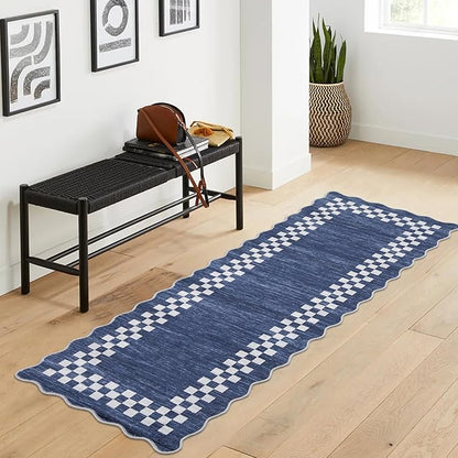 GarveeHome Hallway Runner Rug 2x6 Non Slip Scalloped Washable Rug for Kitchen Entry Stain Resistant Modern Border Throw Floor Carpet Long Runner Mat for Bathroom Living Room Bedside, Blue