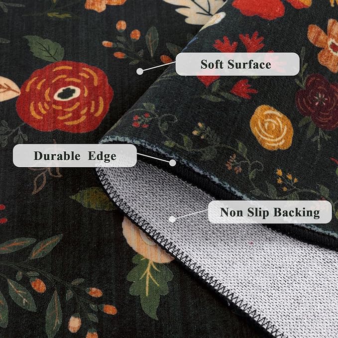U'Artlines 2'x6' Boho Runner Rug for Hallways Kitchen Colorful Floral Soft Non Slip Washable Floor Carpet Runners for Entryway Laundry Room Bathroom Black Green