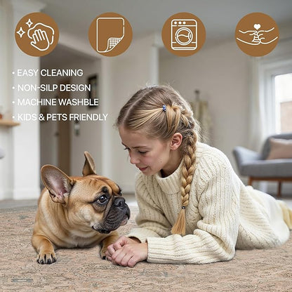 6x9 Area Rug Machine Washable Boho Rug for Living Room,Ultra-Thin Low Pile Carpet,Lightweight Indoor Printed Rug,Non Slip Floral Area Rug for Bedroom, Dining Room, Home Office,Light Beige