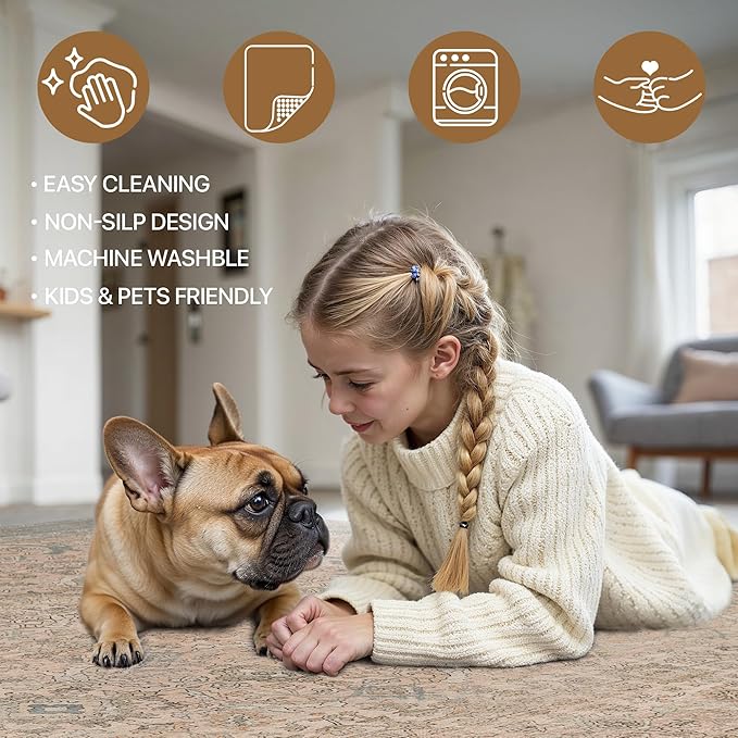 8x10 Area Rug Machine Washable Boho Rug for Living Room,Ultra-Thin Low Pile Carpet,Lightweight Indoor Printed Rug,Non Slip Floral Area Rug for Bedroom, Dining Room, Home Office,Light Beige