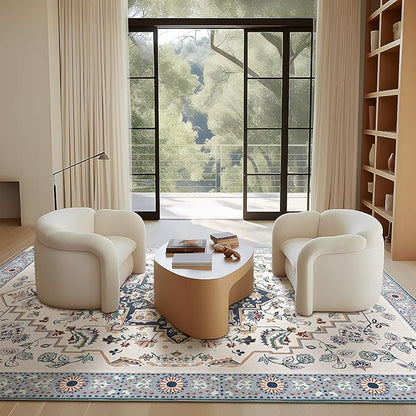 Phantoscope Washable Area Rug 8'x10' Non-Slip, Vintage Boho Rugs for Living Room, Bedroom, Dining Room, Persian Floral Medallion Pattern, Low-Pile Foldable Floor Carpet, Ivory Blue/Garden Bloom