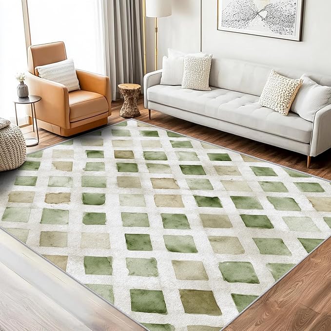 Checkered Rug, Washable 4x5 Rug for Living Room, Geometric Rhombus Patterned Indoor Carpet, Checkered Decor for Home, Bedroom, Soft Non Slip Thin Design FER35