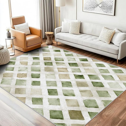 Checkered Rug, Washable 4x6 Rug for Living Room, Geometric Rhombus Patterned Indoor Carpet, Checkered Decor for Home, Bedroom, Soft Non Slip Thin Design FER36