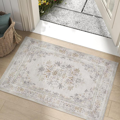 jinchan Floral 2x3 Rug for Entryway - Vintage Washable Area Rug Ultra-Thin Low Pile Soft Small Non Slip Distressed Indoor Door mat Accent for Entrance Kitchen Bedroom Bathroom (2x3ft, Light Grey)