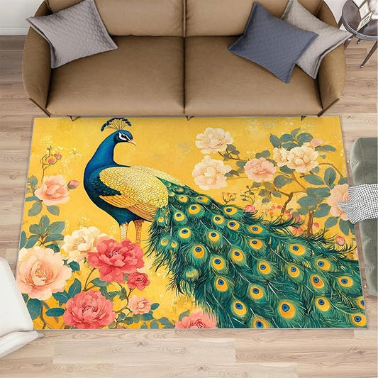 Classic Peacock Rug Large - 5x8 Rug, Peacock Peony Flower Washable Rugs for Living Room, Yellow Teal Turquoise Carpet, Non-Slip Area Rugs for Bedroom, Aesthetics Carpet - Peafowl Home Decor & Gifts