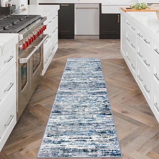 Modern Abstract Runner Rug 2x6, Grey Blue White Washable Kitchen Runner Non-Slip Soft Hallway Rug Runner Thin Print Faux Wool Carpet for Entryway Bedroom Laundry Room Indoor Home Decor