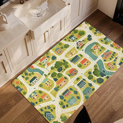 Cute Map Cars Washable 3x5 Area Rugs for Living Room, Thin Low Pile Contemporary Carpet, Non-Slip Base Lightweight Rug