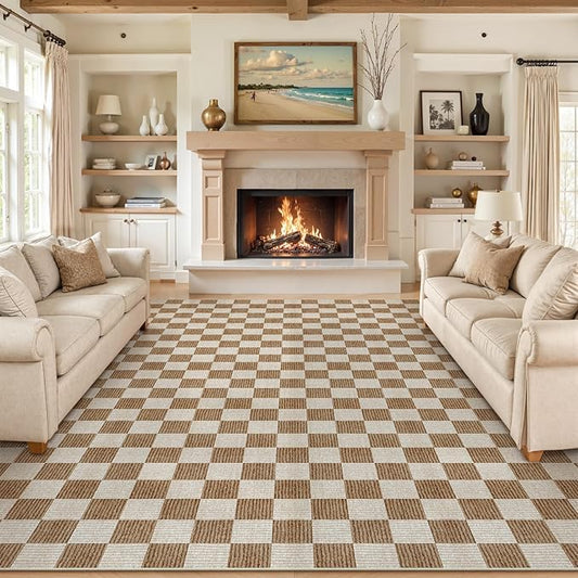 LIVEBOX 9x12 Area Rugs for Living Room, Checkered Non-Slip Washable Rugs, Farmhouse Neutral Classic Geometric Large Boys Area Rug for Bedroom, Carpet for Living Dining Room Office(Brown,9'x12')