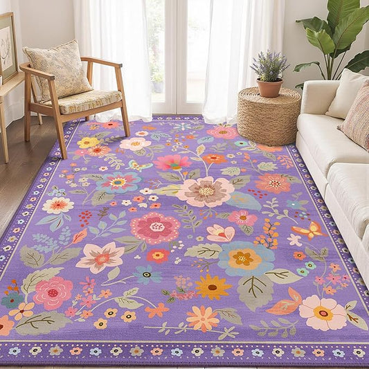 Floral 5x7 Area Rug Machine Washable Soft Print Boho Carpet Non Slip Doormat Low Pile Flower Area Rugs for Living Room Bedroom Nursery Kitchen Dining Room Indoor-Purple/Pink/Multi
