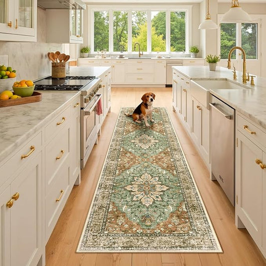 Area Rugs 2'x8' Washable Non-Slip, Floral Vintage Distress Print Pattern Medallion Carpet for Living Room Bedroom Dining Room, Brick Red Rust Neutral Brown Burnt Orange Green