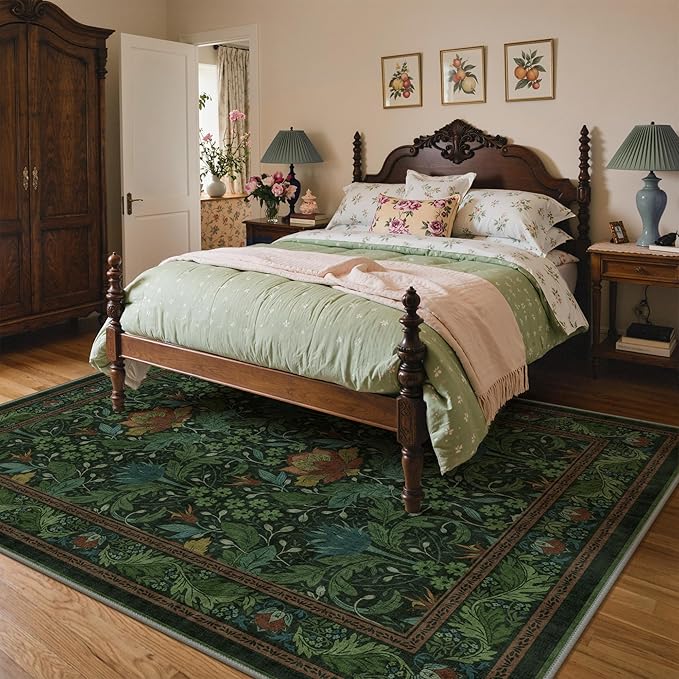 Bavni 8x10 Area Rugs for Living Room, Microfiber Machine Washable Non-Slip Vintage Floral Rug, Low Pile Lightweight Carpet for Bedroom, Dining Room, Home Office, Dark Green