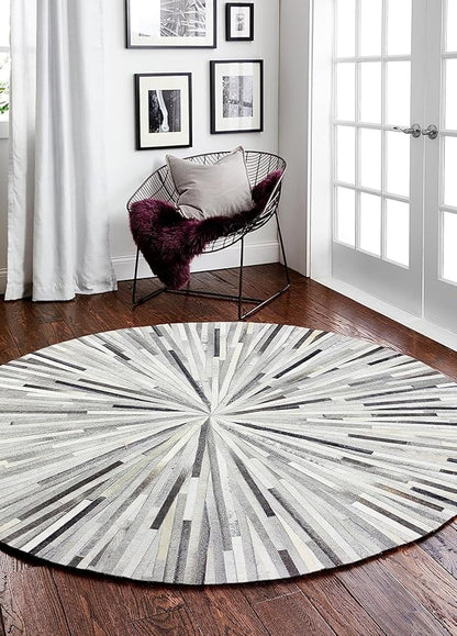 Faux Cowhide Round Area Rug | Non-Slip Leather Floor Carpet for Living Room, Bedroom, and Home Décor | Modern Stylish Accent Rug(Grey_10x10)